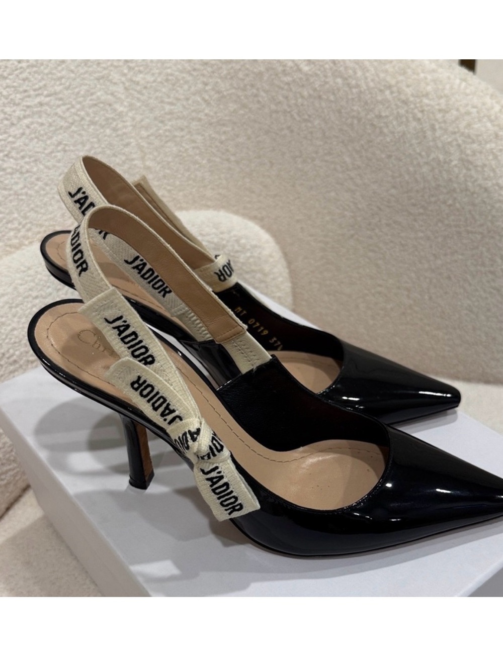 Dior Black Patent J'Adior Slingback Heels with Ivory Logo Ribbon - Picture 2 of 6